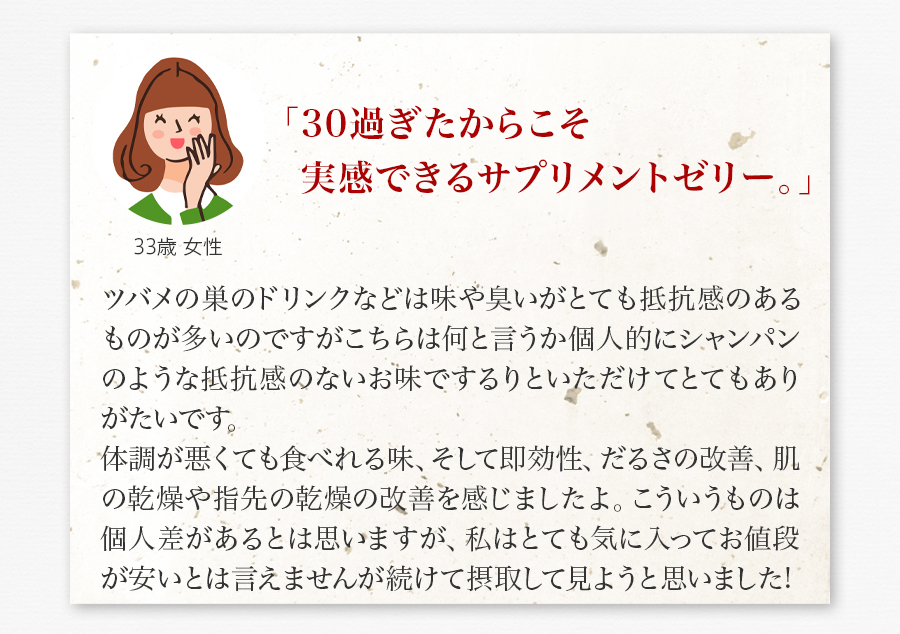 「30過ぎたからこそ実感できるサプリメントゼリー。」 ツバメの巣のドリンクなどは味や臭いがとても抵抗感のあるものが多いのですがこちらは何と言うか個人的にシャンパンのような抵抗感のないお味でするりといただけてとてもありがたいです。体調が悪くても食べれる味、そして即効性、だるさの改善、肌の乾燥や指先の乾燥の改善を感じましたよ。こういうものは個人差があるとは思いますが、私はとても気に入ってお値段が安いとは言えませんが続けて摂取して見ようと思いました!