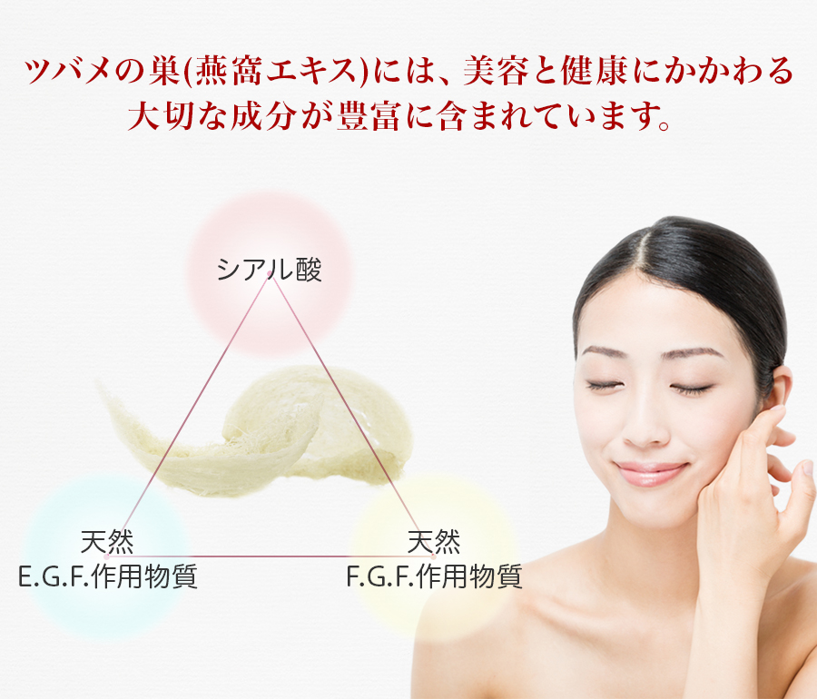 ツバメの巣(燕窩エキス)には、美容と健康にかかわる大切な成分が豊富に含まれています。シアル酸、天然 E.G.F.作用物質、天然 F.G.F.作用物質