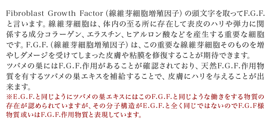 Fibroblast Growth Factor（線維芽細胞増殖因子）の頭文字を取ってF.G.F.と言います。線維芽細胞は、体内の至る所に存在して表皮のハリや弾力に関係する成分コラーゲン、エラスチン、ヒアルロン酸などを産生する重要な細胞です。F.G.F.（線維芽細胞増殖因子）は、この重要な線維芽細胞そのものを増やしダメージを受けてしまった皮膚や粘膜を修復することが期待できます。ツバメの巣にはF.G.F.作用があることが確認されており、天然F.G.F.作用物質を有するツバメの巣エキスを補給することで、皮膚にハリを与えることが出来ます。※E.G.F.と同じようにツバメの巣エキスにはこのF.G.F.と同じような働きをする物質の存在が認められていますが、その分子構造がE.G.F.と全く同じではないのでF.G.F様物質或いはF.G.F.作用物質と表現しています。