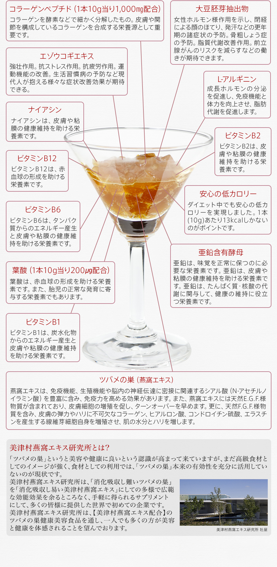 コラーゲンペプチド（1本10g当り1,000㎎配合）コラーゲンを酵素などで細かく分解したもの。皮膚や関節を構成しているコラーゲンを合成する栄養源として重要です。 大豆胚芽抽出物 女性ホルモン様作用を示し、閉経による顔のほてり、発汗などの更年期の諸症状の予防。骨粗しょう症の予防。脂質代謝改善作用。前立腺がんのリスクを減らすなどの働きが期待できます。 エゾウコギエキス 強壮作用。抗ストレス作用。抗疲労作用。運動機能の改善。生活習慣病の予防など現代人が抱える様々な症状改善効果が期待できる。 L-アルギニン 成長ホルモンの分泌を促進し、免疫機能と体力を向上させ、脂肪代謝を促進します。 ナイアシン ナイアシンは、皮膚や粘膜の健康維持を助ける栄養素です。 ビタミンB2 ビタミンB2は、皮膚や粘膜の健康維持を助ける栄養素です。 ビタミンB6 ビタミンB6は、タンパク質からのエネルギー産生と皮膚や粘膜の健康維持を助ける栄養素です。 安心の低カロリー ダイエット中でも安心の低カロリーを実現しました。1本(10g)あたり13kcalしかないのがポイントです。 葉酸（1本10g当り200㎍配合） 葉酸は、赤血球の形成を助ける栄養素です。また、胎児の正常な発育に寄与する栄養素でもあります。 亜鉛含有酵母 亜鉛は、味覚を正常に保つのに必要な栄養素です。亜鉛は、皮膚や粘膜の健康維持を助ける栄養素です。亜鉛は、たんぱく質・核酸の代謝に関与して、健康の維持に役立つ栄養素です。 ツバメの巣（燕窩エキス） 燕窩エキスは、免疫機能、生殖機能や脳内の神経伝達に密接に関連するシアル酸（N-アセチルノイラミン酸）を豊富に含み、免疫力を高める効果があります。また、燕窩エキスには天然E.G.F.様物質が含まれており、皮膚細胞の増殖を促し、ターンオーバーを早めます。更に、天然F.G.F.様物質を含み、皮膚の弾力やハリに不可欠なコラーゲン、ヒアルロン酸、コンドロイチン硫酸、エラスチンを産生する線維芽細胞自身を増殖させ、肌の水分とハリを増します。 美津村燕窩エキス研究所とは? 「ツバメの巣」というと美容や健康に良いという認識が高まって来ていますが、まだ高級食材としてのイメージが強く、食材としての利用では、「ツバメの巣」本来の有効性を充分に活用していないのが現状です。美津村燕窩エキス研究所は、「消化吸収し難いツバメの巣」を「消化吸収し易い美津村燕窩エキス」にしての多様で広範な効能効果を余るところなく、手軽に得られるサプリメントにして、多くの皆様に提供した世界で初めての企業です。美津村燕窩エキス研究所は、【美津村燕窩エキス配合】のツバメの巣健康美容食品を通し、一人でも多くの方が美容と健康を体感されることを望んでおります。